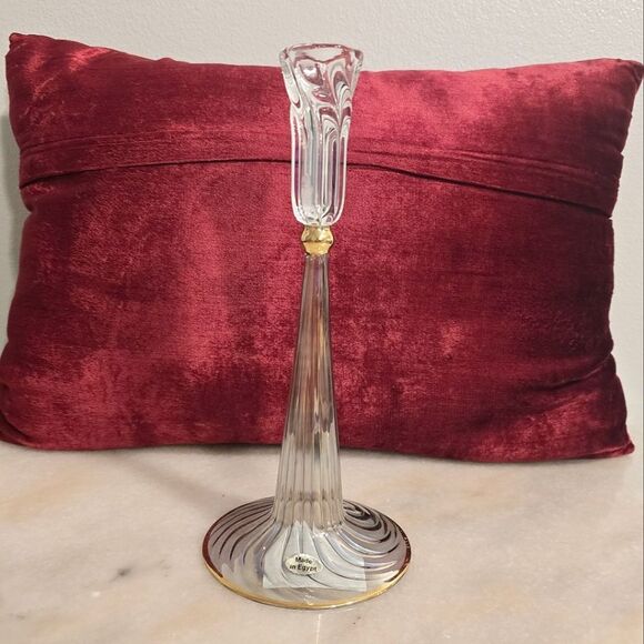 Vintage Egyptian Clear Blue Iridescent Glass Candlestick Holder - Picture 2 of 8